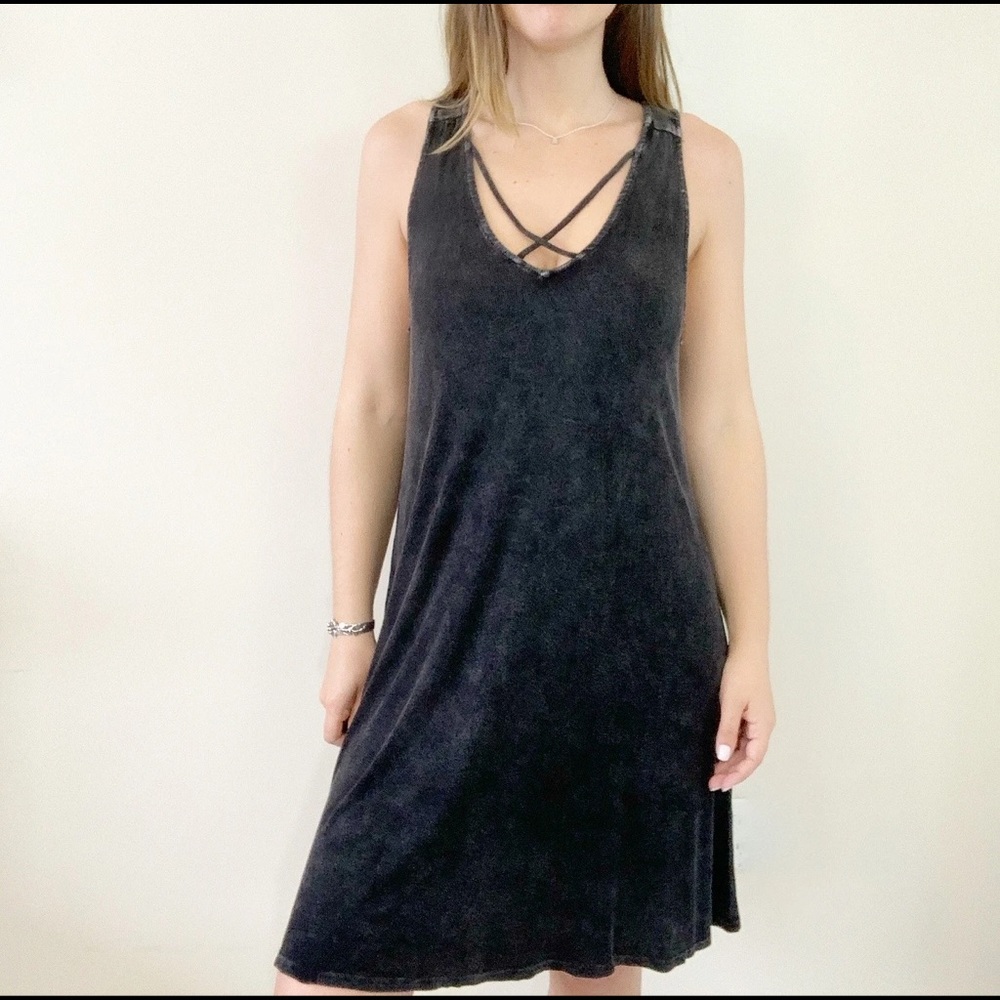 'Loungin' Acid Wash Criss Cross V Neck Dress